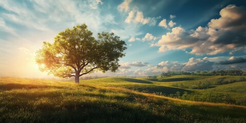 Obraz premium A breathtaking view of a solitary tree standing on a rolling landscape, illuminated by a stunning sunset.