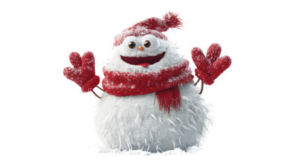 A cute snow monster made of soft, pillowy snow, wearing a red scarf and mittens, New Year's celebration.