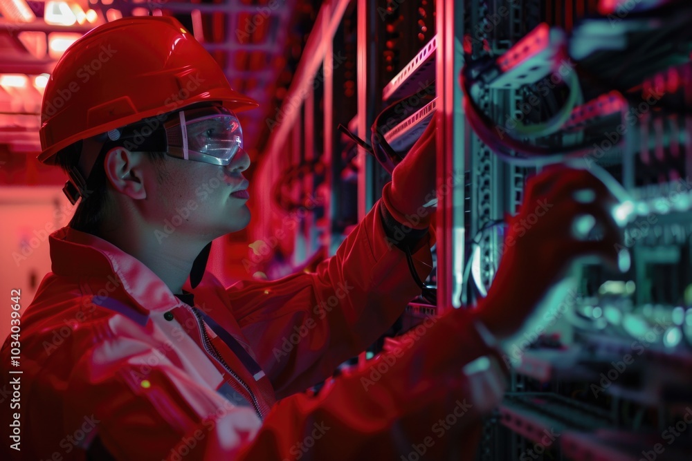 Poster a technician in a hard hat and safety glasses works on a server, keeping it infrastructure running s