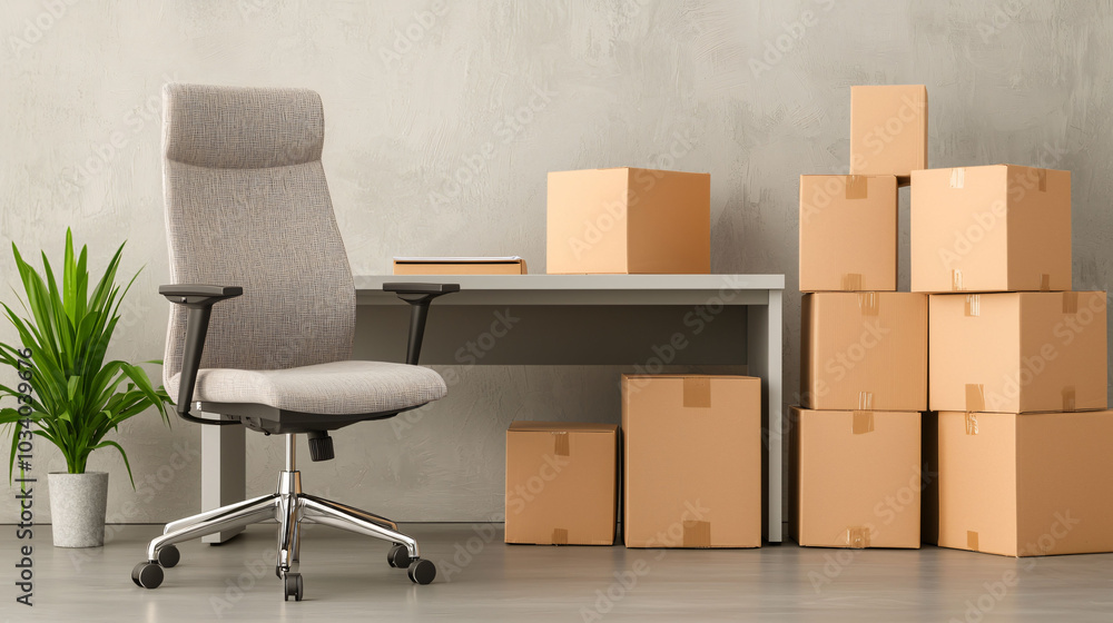 Poster modern office chair sits beside desk with packed boxes, creating functional workspace. scene conveys