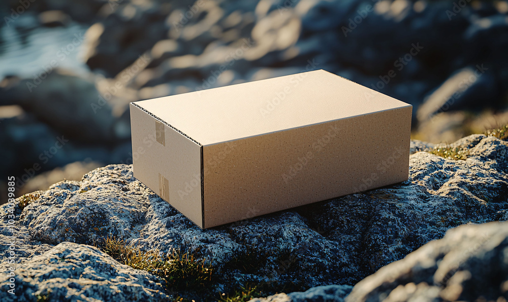Poster plain cardboard box resting on rocky surface, surrounded by natural elements, evokes sense of simpli
