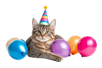 Happy smiling cat on a festive background with balloons