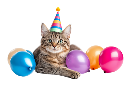 Happy smiling cat on a festive background with balloons - Powered by Adobe