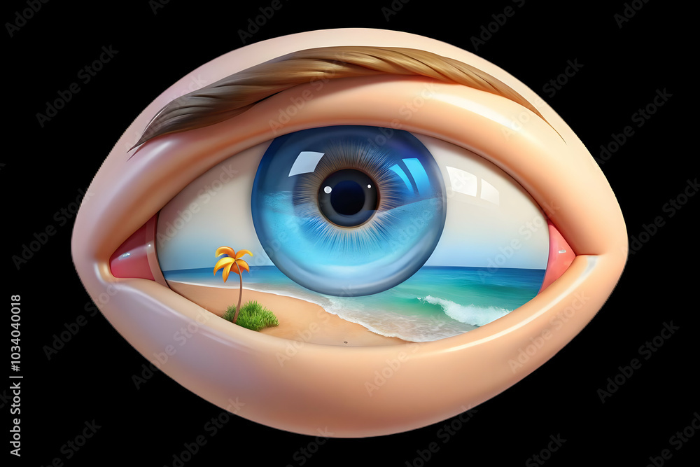 Poster close-up of child's eye capturing beach scene reflection - macro shot highlighting innocence and won