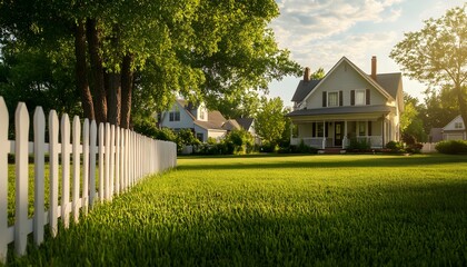 White picket fence in front of a suburban home with lush green grass lawn.