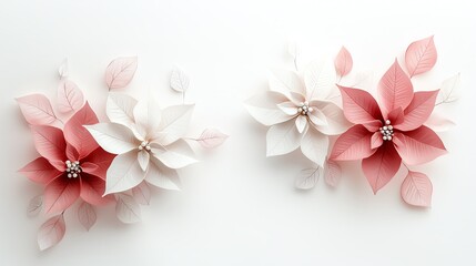 Delicate watercolor poinsettias in soft red and pink shades, minimal leaves, on a light background, seamless design