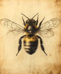 A magic or Victorian Honey Bee sketch line art drawing in a vintage engraved woodcut etching style vector illustration