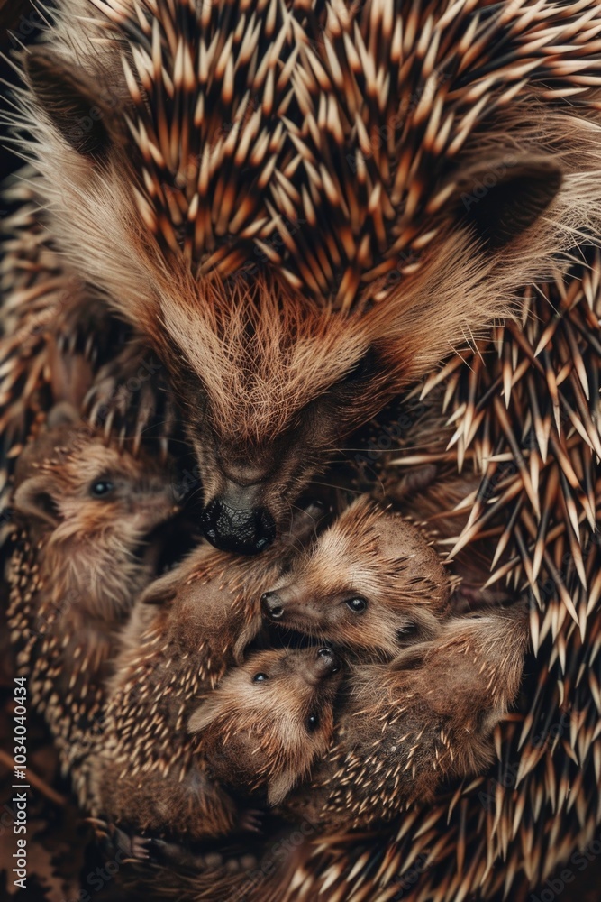 Poster close-up photo of a tiny hedgehog curled up, perfect for use in wildlife or nature-themed projects