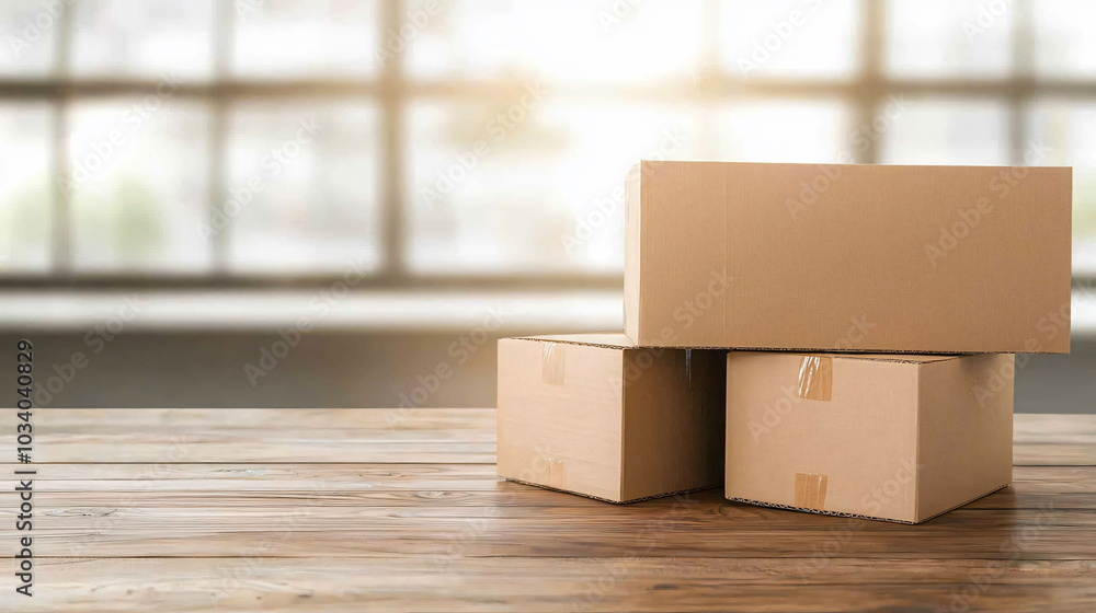 Poster neatly stacked cardboard boxes on wooden table create sense of organization and readiness for moving