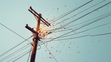 Aerial view of power transmission lines with multiple wires suspended in the air