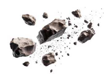 Several large asteroids flying through space, small rock fragments and dust.