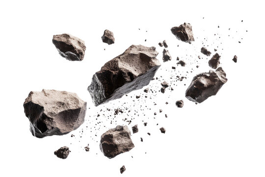 Several large asteroids flying through space, small rock fragments and dust.