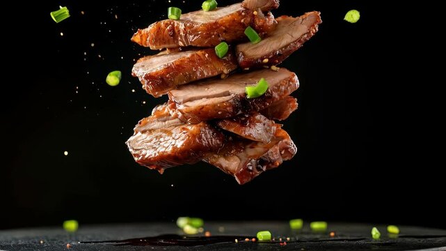 Deliciously cooked meat slices floating against dark background, garnished with green onions, create appetizing and visually striking presentation that is sure to impress.