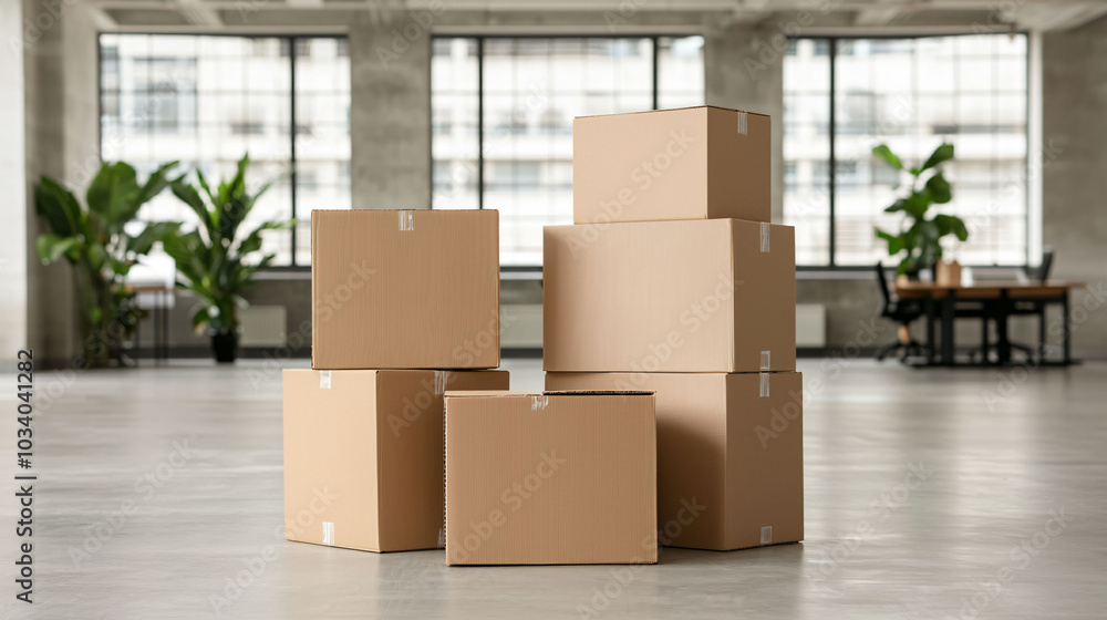 Aufkleber moving boxes stacked in spacious, modern office environment with large windows and greenery. scene c