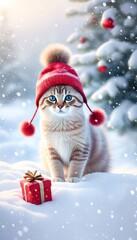  fluffy kitten wearing a red beanie sits in the snow next to a small gift box. A Christmas tree with red ornaments is in the background.