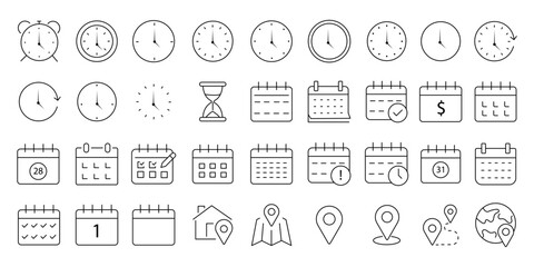 time ,date, address icon set. containing Clock, calendar, location pin. editable stock thin outline icon collection . isolated on white background flat vector illustration.