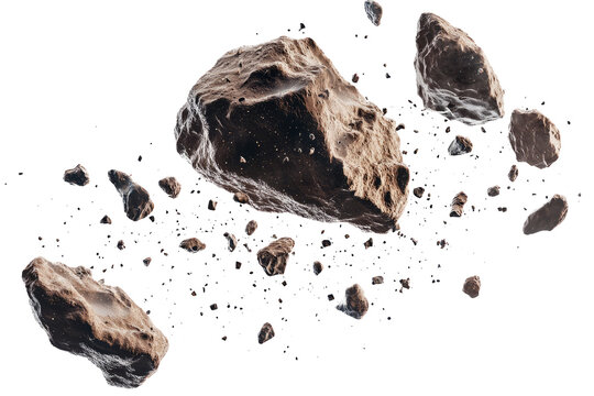 Several large asteroids flying through space, small rock fragments and dust.