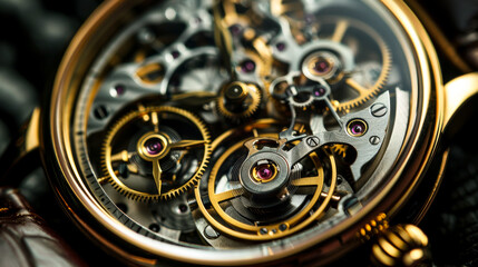 Intricate close up of mechanical parts of vintage watch, showcasing delicate craftsmanship and precision engineering. golden gears and jewels reflect timeless elegance and artistry