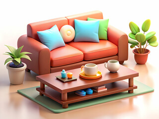Stylish Living Room with Glossy Background: Comfortable Sofa, Coffee Table & Decorative Items in Photo Stock Concept | Ideal for Overlay Text