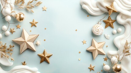Tiny minimalist watercolor Christmas stars, pastel yellow on soft blue background, light and airy design, seamless repeat