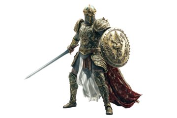 A full-body of a Byzantine warrior in ornate armor, holding a sword and shield, on a white backdrop