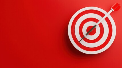 Obraz premium A bullseye target with a red arrow, symbolizing precision and goals, set against a vibrant red background.