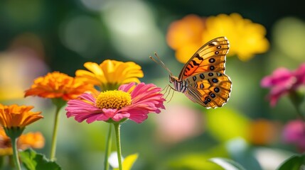 Obraz premium A beautiful butterfly with orange and brown wings perched on a pink flower surrounded by other flowers in a vibrant garden with a soft green background.