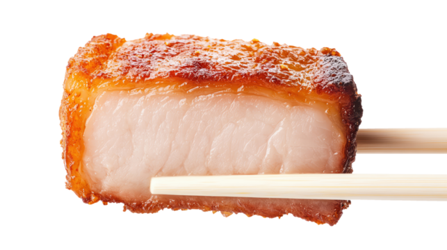 Succulent piece of pork belly held with chopsticks, isolated on a white background.
