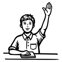 A boy is sitting at a desk and raising his hand. He is smiling and he is happy