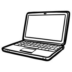 A laptop is shown in a black and white drawing. The laptop is open and the screen is blank. The laptop is placed on a white background