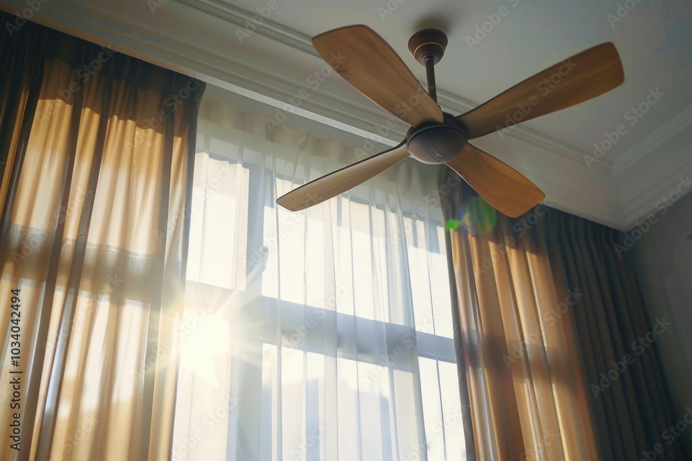 Poster a ceiling fan sits in front of a window with open curtains, providing a cozy atmosphere