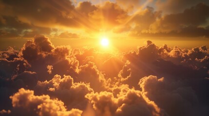 Fototapeta premium Sunlight breaking through clouds during a golden sunset. Sky and nature beauty concept. Design for wallpaper, background, and poster.