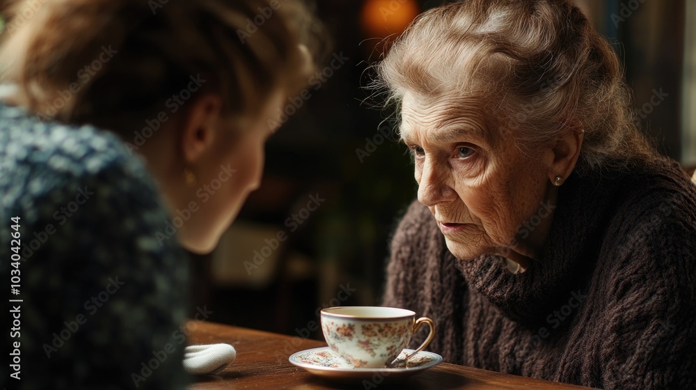 Poster A woman sits at a table with a cup of coffee, enjoying her morning brew