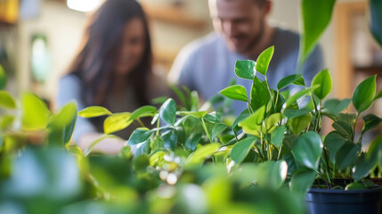 Obraz premium Couple caring houseplants at home. Caucasian middle aged man and woman with green plants