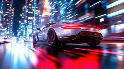 Speeding Sports Car in Neon Lit City Skyline at Night
