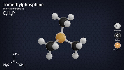 Molecule of Trimethylphosphine (C3H9P), is a colorless liquid with a strong odor, commonly used as a ligand in coordination chemistry. Dark background. 3d illustration