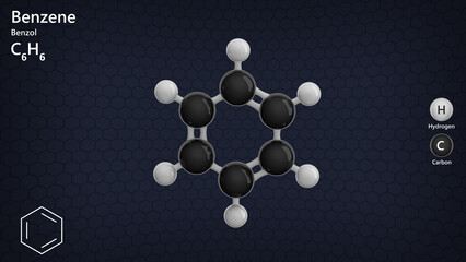 Benzol or benzene (C6H6), is a colorless, flammable liquid with a sweet odor. It is used in the production of plastics, resins and synthetic fibers. Molecular formula: C6H6. Dark back. 3d illustration