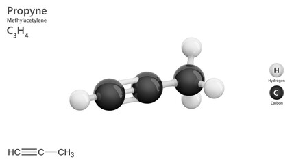 Propyne or methylacetylene, is a flammable gas with a sweet odor. It is an alkyne used in organic synthesis and as a fuel in welding applications. Molecular formula: C3H4. White back. 3d illustration