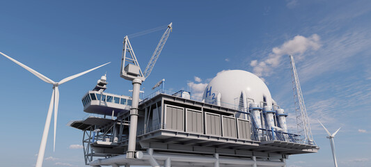 An offshore platform is designed for producing renewable energy derived from hydrogen, with its operational energy supplied by wind farms. 3D rendering.