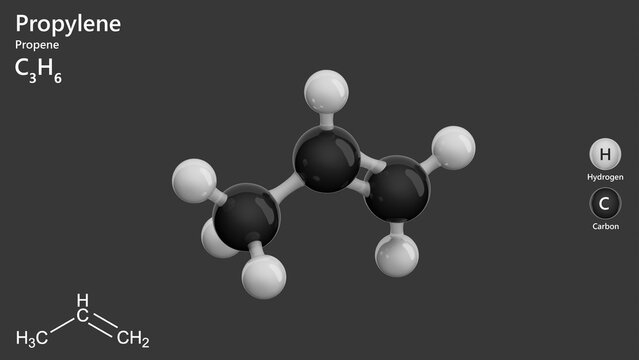 Propene or propylene. Alkene. Gas. It is an important industrial chemical used in the production of plastics. Molecular formula: C3H6. Chemical model: Ball and Stick. Gray background. 3d illustration