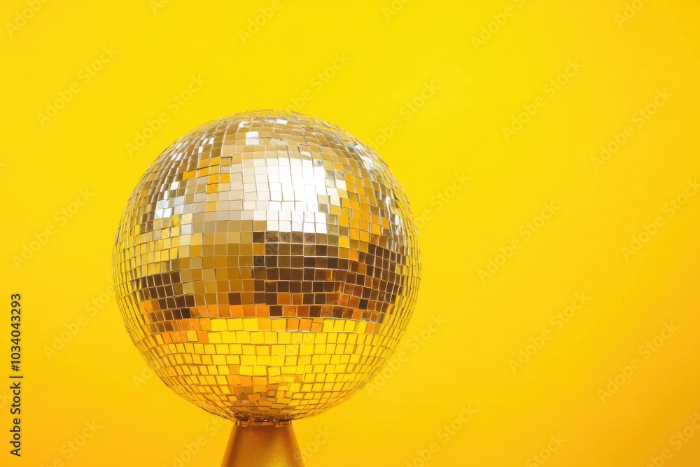 Canvas Prints A shiny disco ball on a stand against a bright yellow background, perfect for parties and celebrations