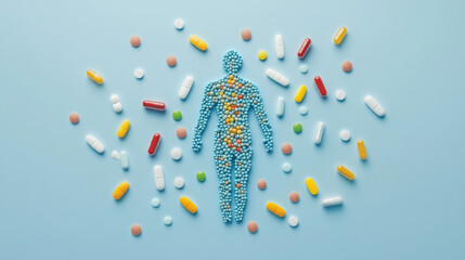 Human figure made of assorted pills on color background, symbolizing healthcare