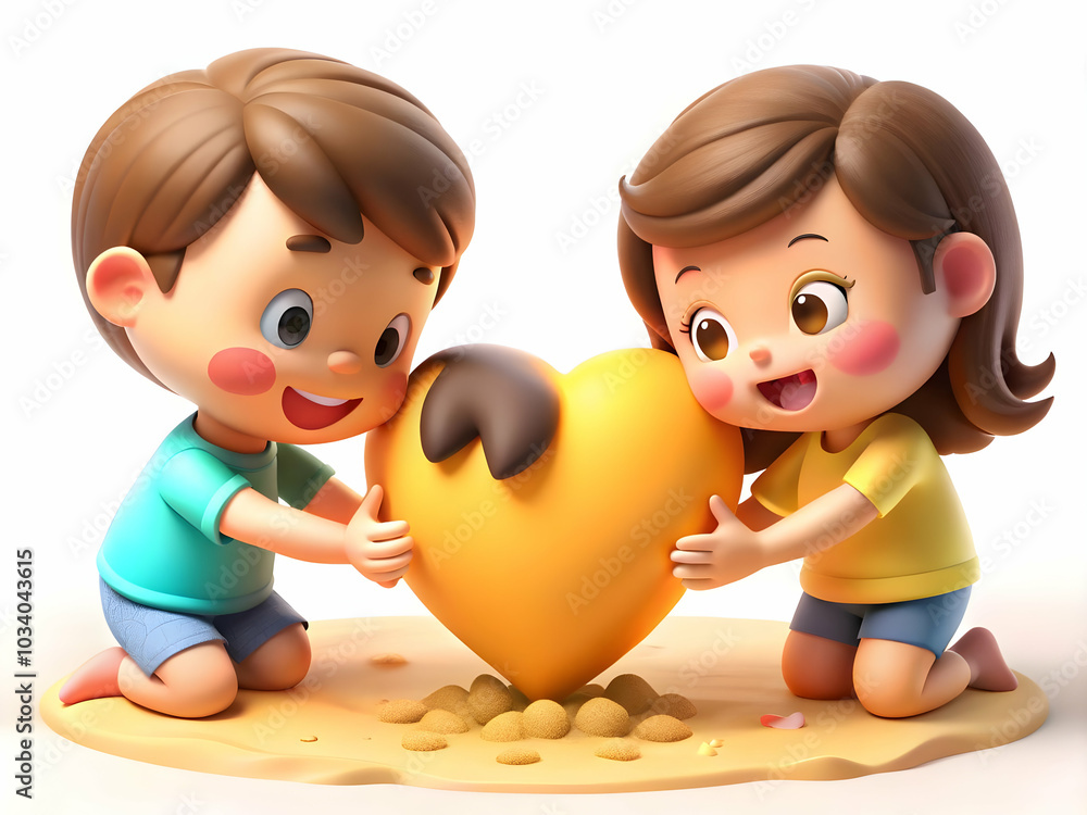 Poster macro photo of family hands drawing a heart in the sand - symbolizing love and unity with ample copy
