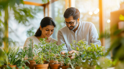 Couple caring houseplants at home. Indian american middle aged man and woman with green plants