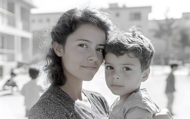 Mother and child embrace outdoors: capturing tender bond in sunlit urban setting