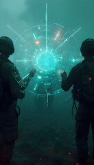Fototapeta premium Encrypted military communications interface showing a futuristic computer screen with secure data transmission visuals, ideal for cybersecurity, tech, and defense themes