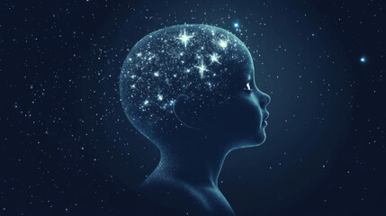 Obraz premium Child silhouette with stars in head, concept of imagination, dreams and universe, dark blue background