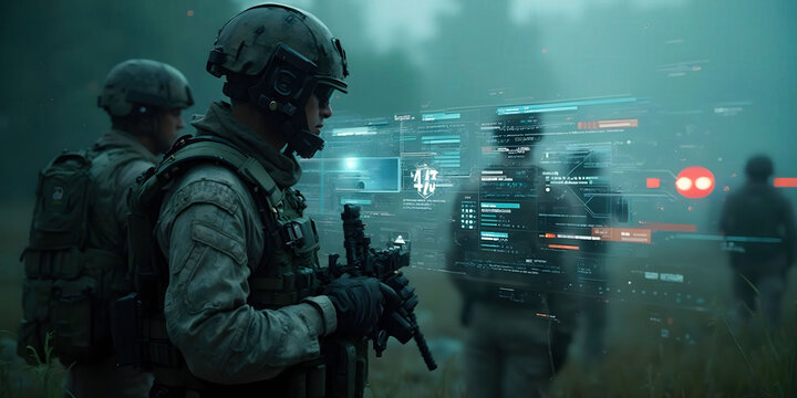 Encrypted military communications interface showing a futuristic computer screen with secure data transmission visuals, ideal for cybersecurity, tech, and defense themes