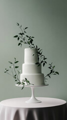 Elegant tiered white wedding cake with botanical decor on neutral pastel background, copy space