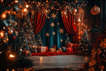 Low-angle Christmas backdrop with stars, presents, golden lights, and boho-draped green trees against a white wooden wall, dark vintage style.